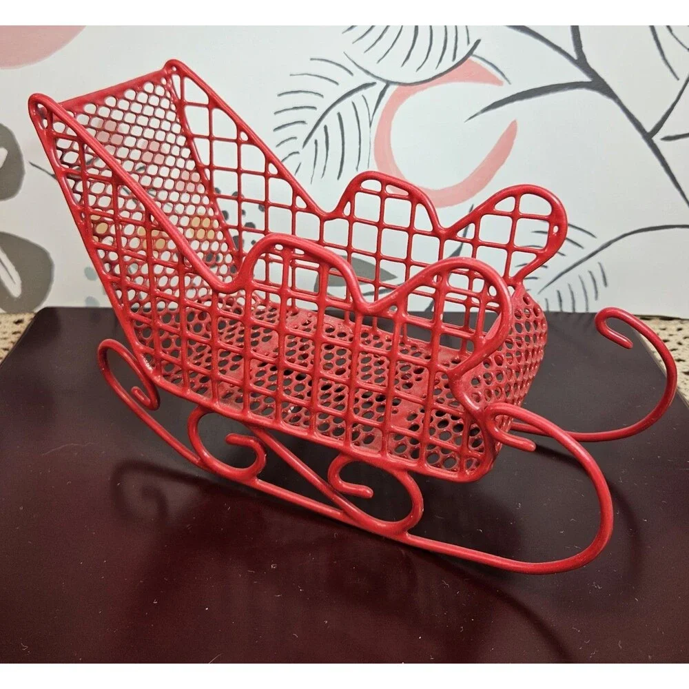 Red Enamel on Metal Wire Basket Christmas Tabletop Santa Sleigh Decor Storage